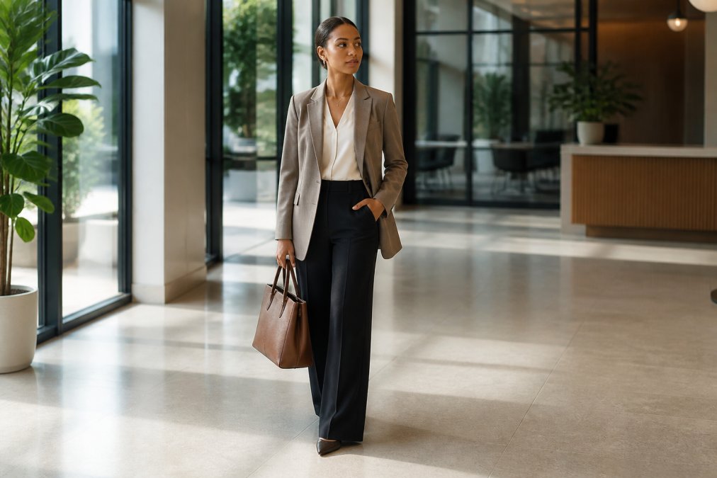 A stylish young woman in a tailored blazer and fitted wide-leg trousers standing confidently in a bright, modern office lobby, carrying a structured leather tote bag, natural light streaming through floor-to-ceiling windows