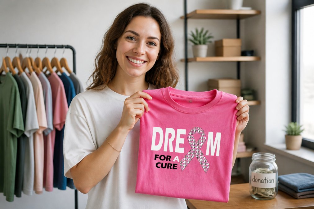 A woman smiling while holding up a neatly folded graphic t-shirt with a cause-related design, standing in a bright, airy room with a small donation jar visible on a shelf behind her