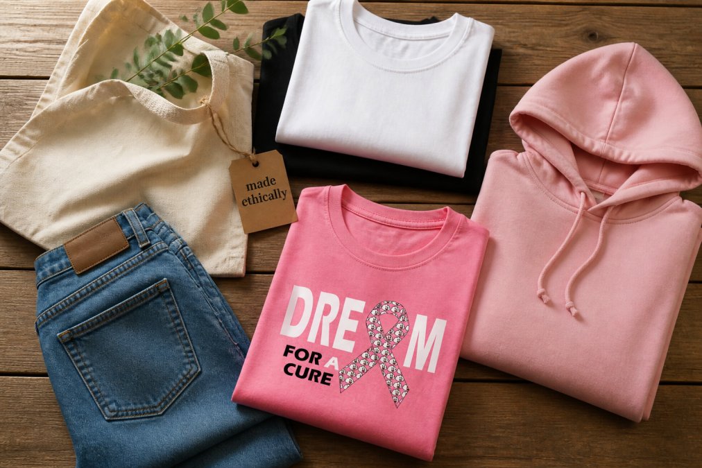A flat lay of a small, curated wardrobe on a wooden surface featuring a few neatly folded t-shirts, a hoodie, and a pair of jeans, with a reusable tote bag and a tag reading 'made ethically' visible among the items, photographed in warm natural light