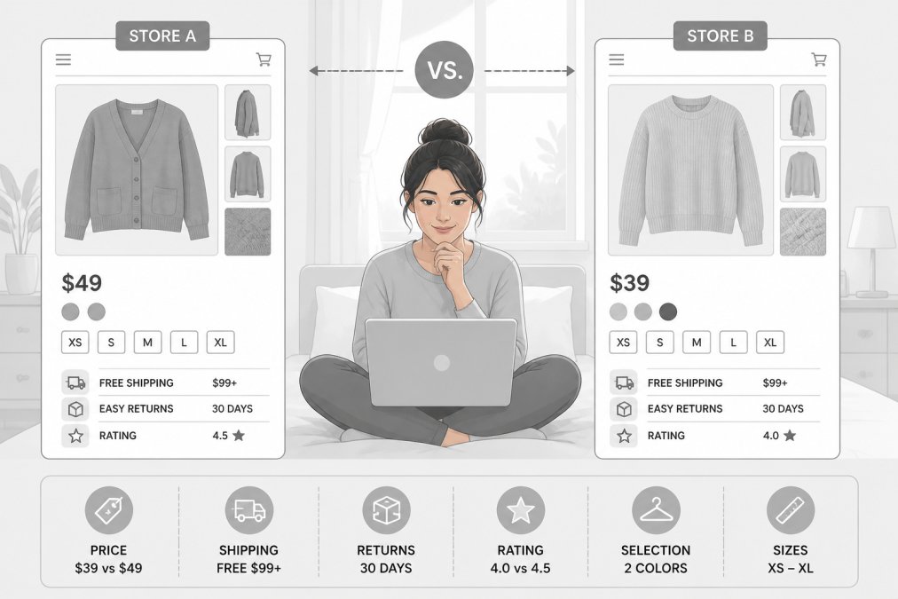 Woman sitting on a bed using a laptop to compare online clothing store pricing and quality options.