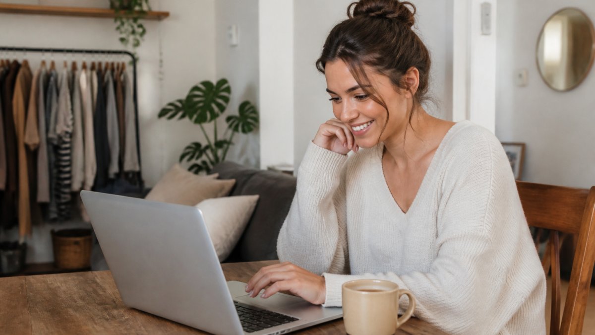 Woman shopping online on a laptop at home, smiling while reviewing affordable fashion options with a cup of coffee nearby