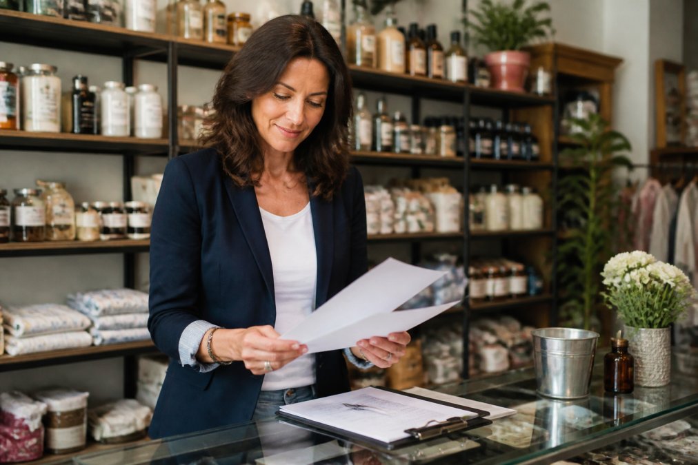 Small retail store owner standing confidently in their shop reviewing insurance documents at the counter, shelves of products visible in background, natural storefront lighting