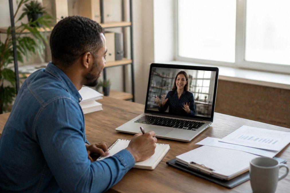 Business owner at desk with laptop and notepad, speaking with insurance agent on video call, natural office lighting, professional workspace visible