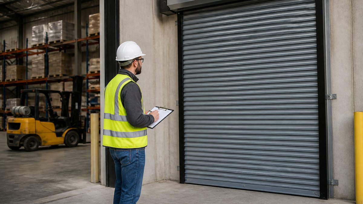 A contractor in a hard hat inspecting a newly installed steel roll-up door at a warehouse loading dock, clipboard in hand, with a forklift visible in the background