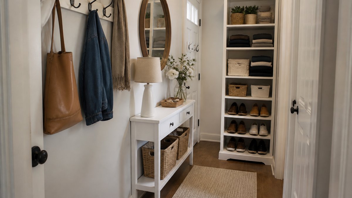 Narrow entryway with wall-mounted hooks at varying heights, a slim white console table holding organized baskets and a small decorative mirror, and vertical shelving storing folded items and shoes in labeled containers