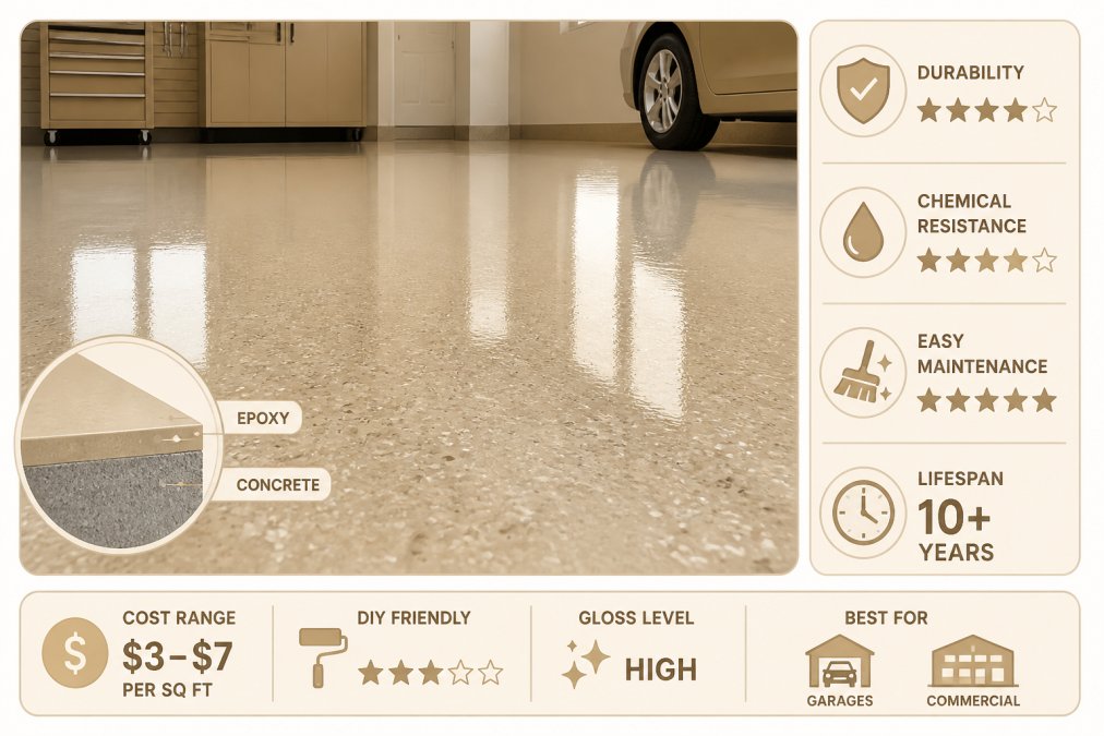 Close-up of a freshly applied epoxy coating on a concrete garage floor showing the high-gloss reflective surface with decorative flakes embedded in the finish