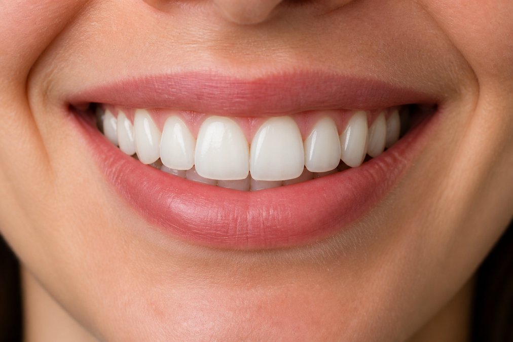 Close-up of a patient's smile showing natural-looking composite bonding on front teeth with bright clinical lighting highlighting the aesthetic result and seamless blend with adjacent natural teeth