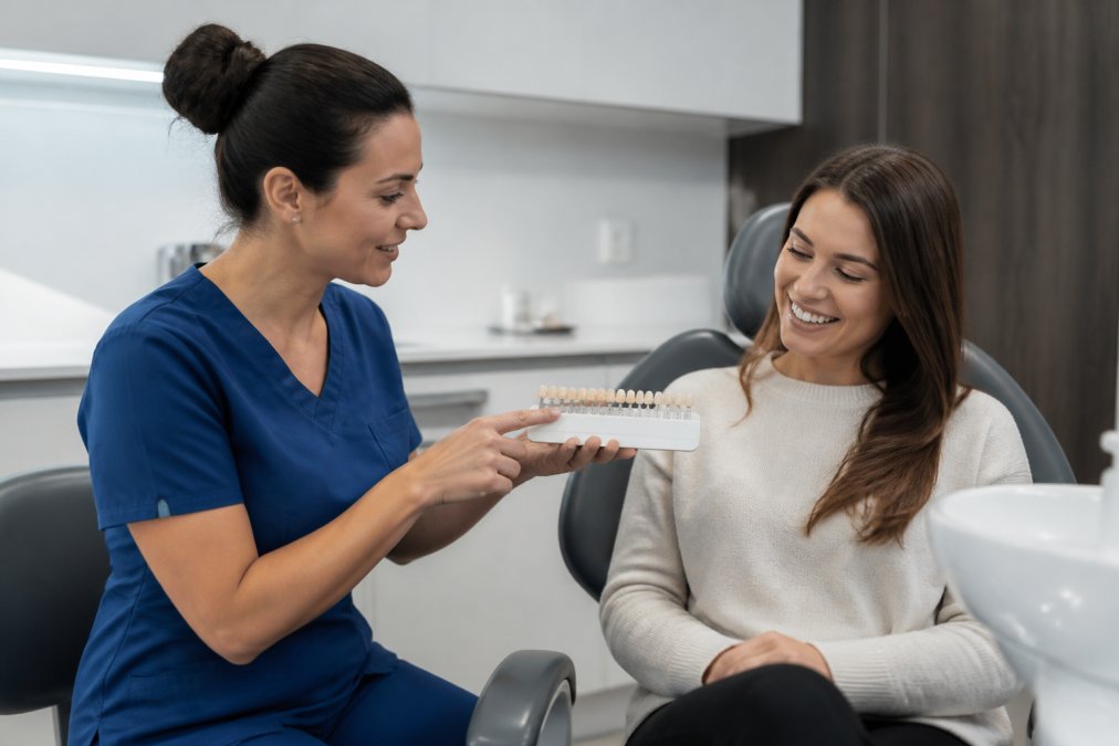 Dental professional consulting with a smiling patient in a modern, welcoming treatment room with soft lighting, discussing treatment options and smile design possibilities
