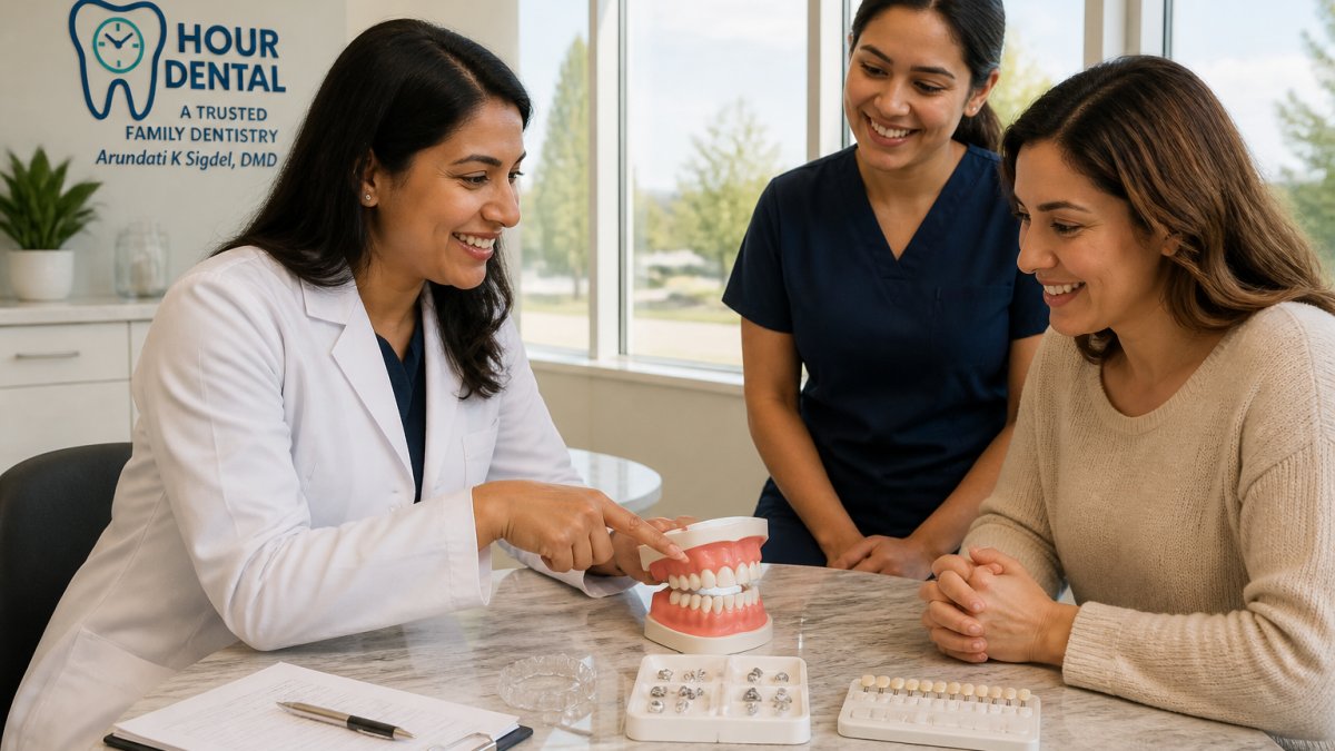 A friendly dental team consulting with a smiling patient in a modern, bright dental office, pointing at a smile model on the desk, soft daylight through large windows