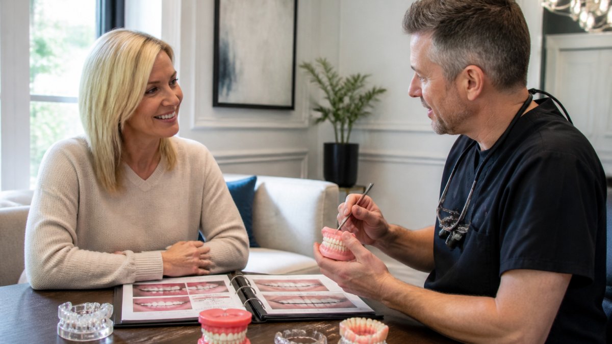 Patient in a welcoming dental consultation room discussing cosmetic treatment options with a dentist, with a relaxed atmosphere and treatment plan documents visible on the desk