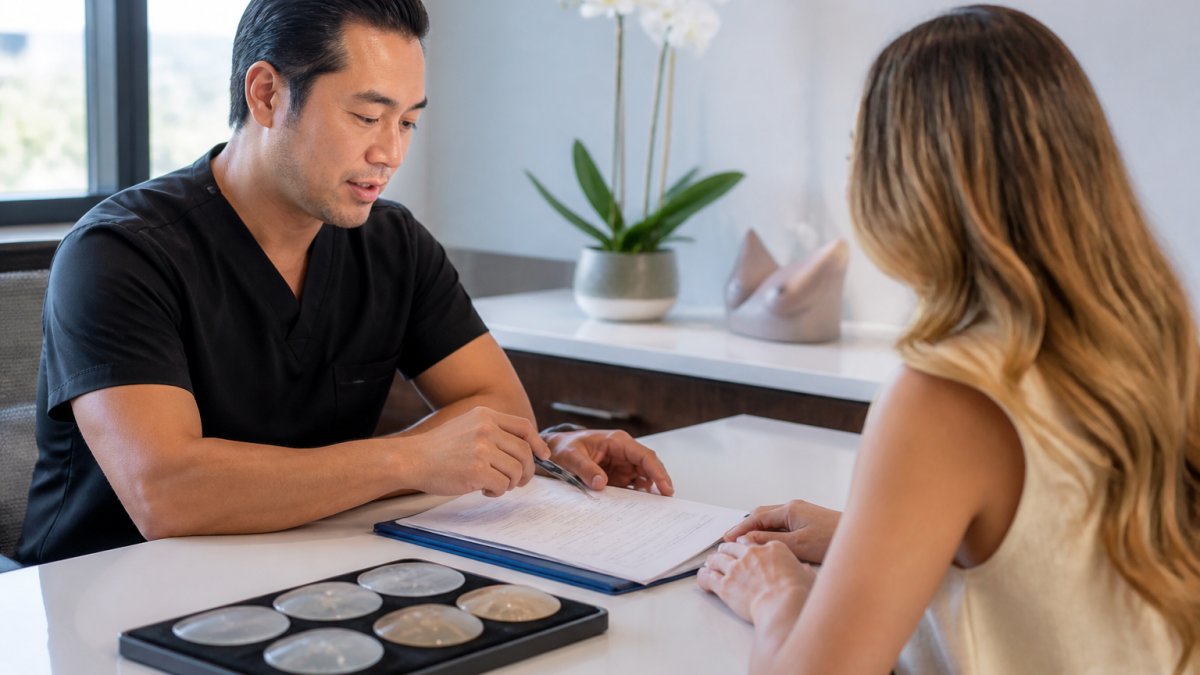 Professional surgeon and patient reviewing cosmetic procedure options and financing plans at consultation desk with natural office lighting