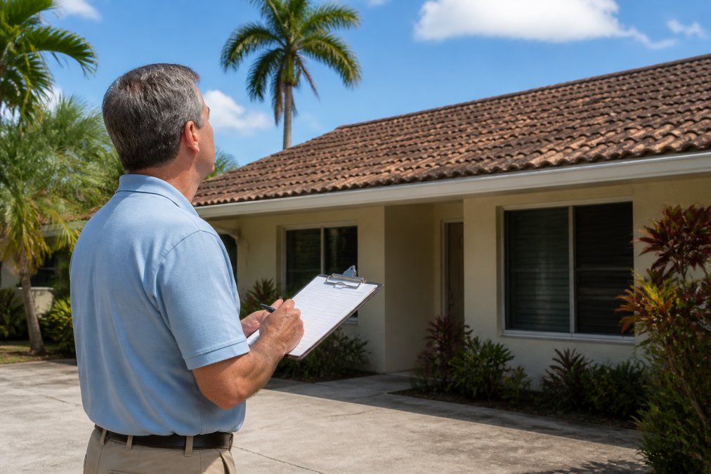A homeowner in their 50s standing in a driveway, looking up at the roof of a modest Florida home, holding a clipboard with inspection notes, sunny weather, palm trees in the background