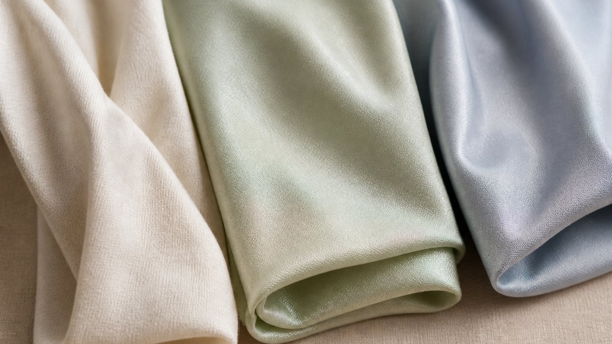 Close-up of fabric samples showing the visual texture difference between soft cotton weave, bamboo viscose with subtle sheen, and TENCEL lyocell with refined luster, arranged on a neutral surface with natural window lighting