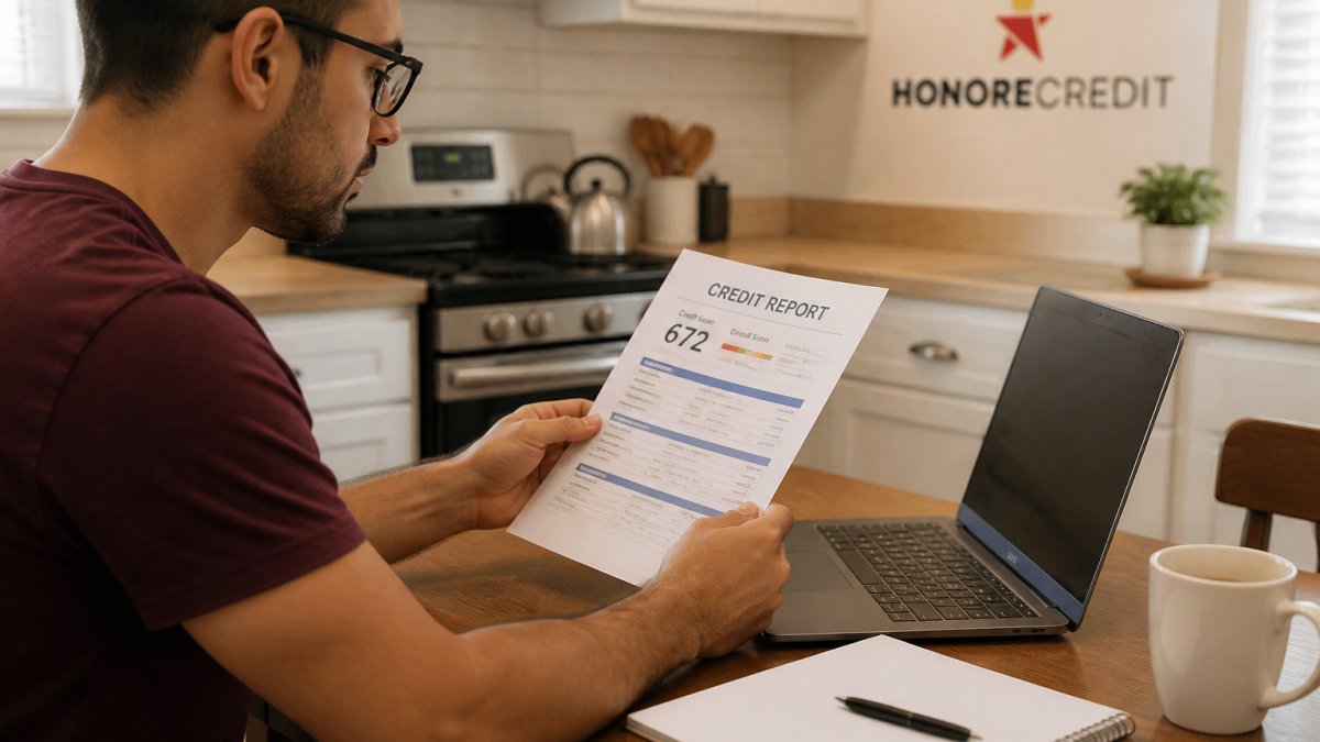 A person reviewing a credit report printout and a laptop showing a credit monitoring dashboard at a kitchen table, notepad and pen nearby