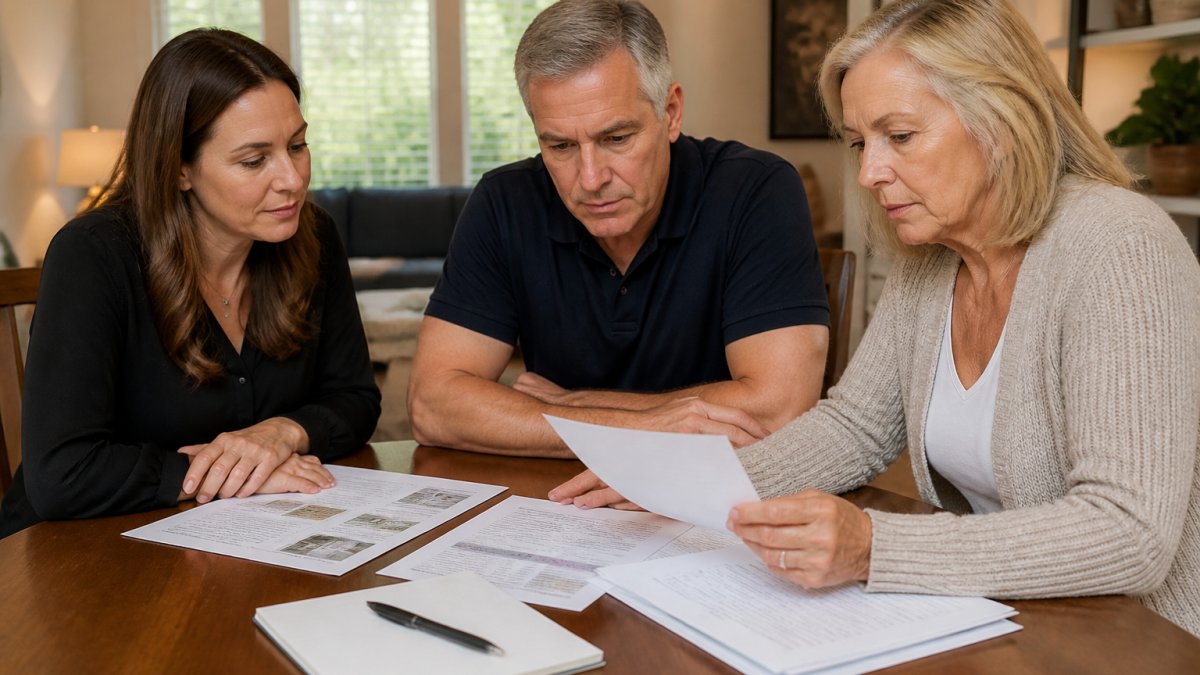 Adult family members sitting together at a table with printed documents and notes, reviewing cremation provider information with calm, focused expressions