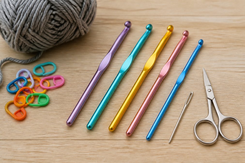 Close-up of a beginner crochet starter kit laid out on a light wooden surface: several aluminum crochet hooks in sizes 4mm through 6mm, a skein of chunky acrylic yarn in soft grey, a set of colorful stitch markers, a tapestry needle, and small craft scissors