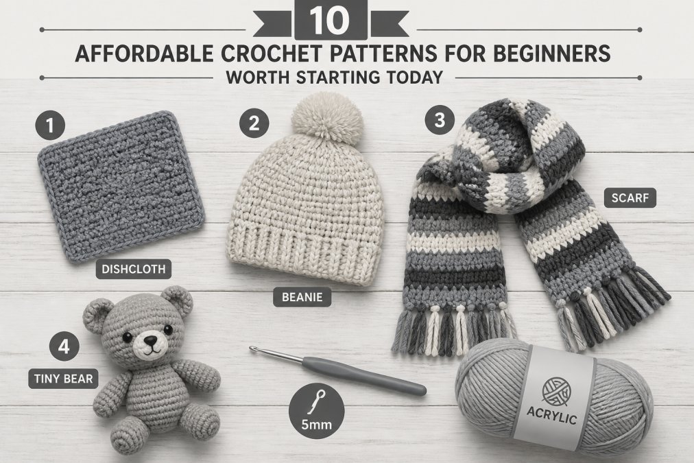 Flat lay of colorful finished beginner crochet projects arranged on a rustic wooden table: a small blue dishcloth, a cream-colored beanie, a striped scarf, and a tiny amigurumi bear, with a size 5mm crochet hook and a skein of soft acrylic yarn resting beside them