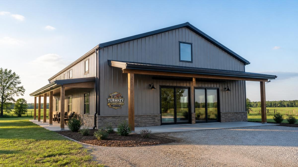Modern barndominium exterior with metal siding and large sliding doors, set in rural landscape with green fields and clear sky, showing clean rectangular footprint and professional construction