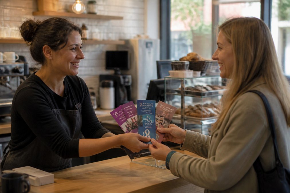A small business owner handing a stack of colorful custom bookmarks to a customer at a local coffee shop counter, both smiling, natural window light