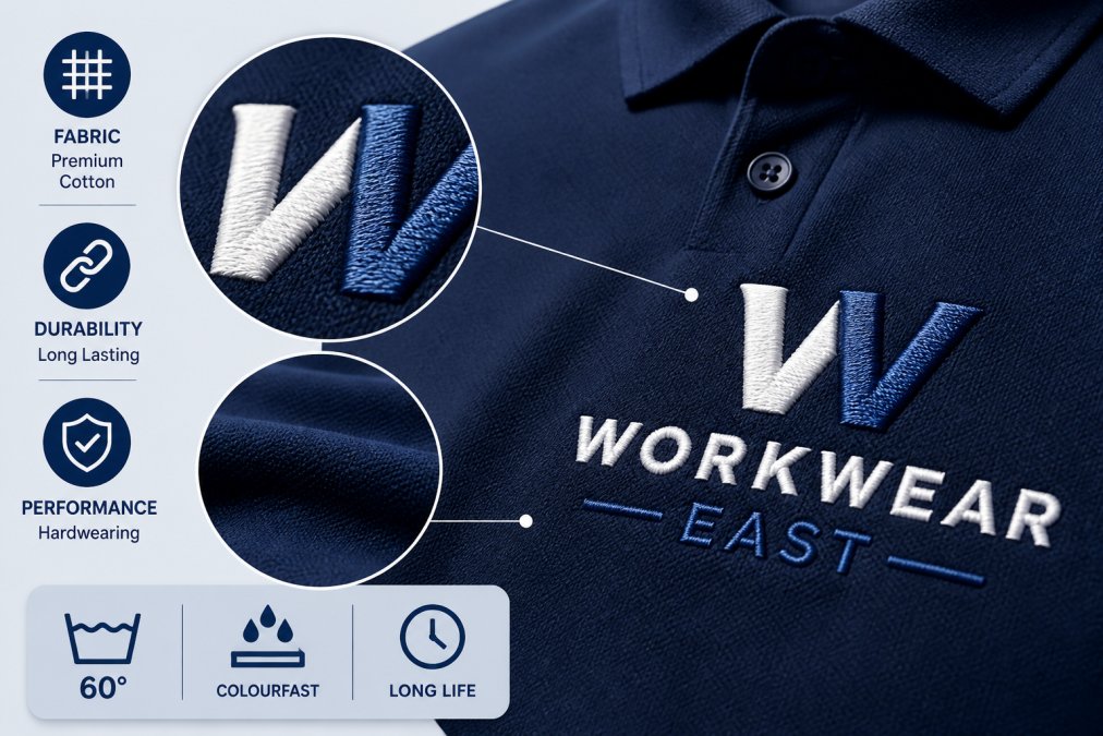 Close-up of embroidered polo shirt showing crisp stitch detail and vibrant thread colour on premium cotton fabric, with professional lighting highlighting the raised embroidery texture