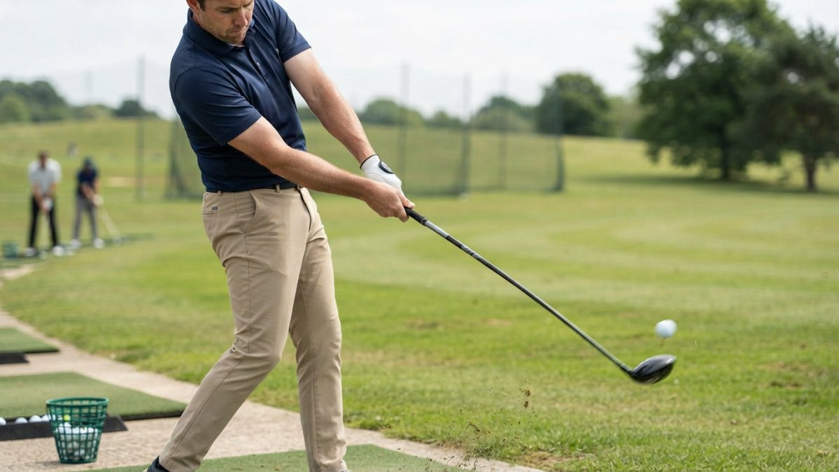 Professional golfer gripping custom shaft during swing with focus on shaft flex and loading, natural outdoor lighting on driving range