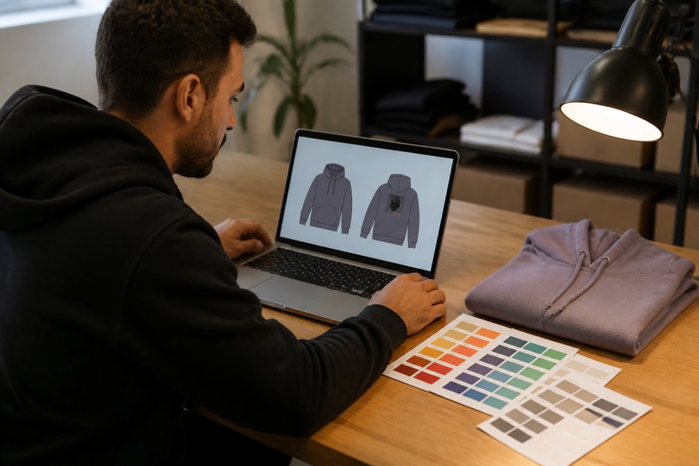 Person sitting at a desk reviewing a digital proof of a custom hoodie design on a laptop screen, with printed Pantone color swatches and a folded hoodie sample placed to the right, warm desk lamp illuminating the workspace