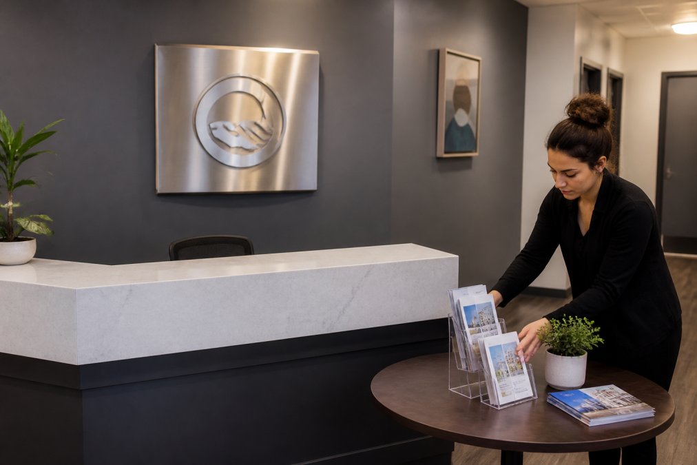 A small office lobby with a brushed metal wall sign displaying a company logo behind a reception desk, with a person arranging brochures on a nearby table