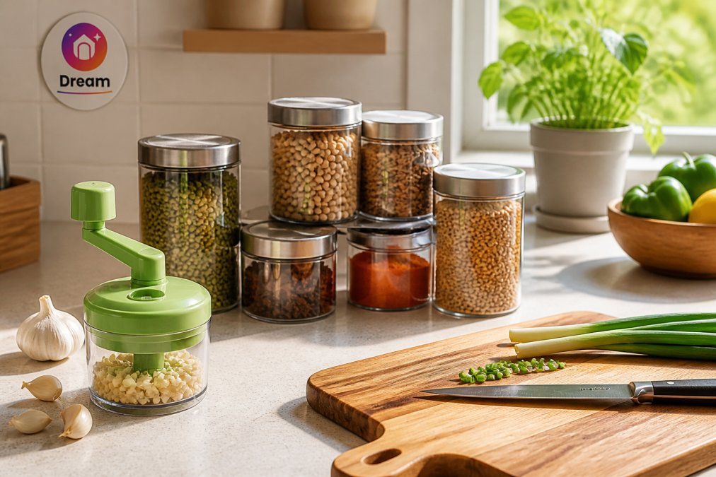 Manual garlic grinder, airtight storage jars, and a wooden cutting board as affordable daily essentials for home.