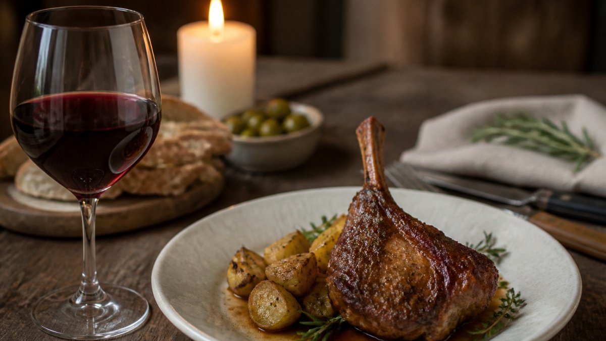 A plated roasted lamb chop alongside a glass of ruby-red Dão wine on a rustic wooden table, with fresh herbs, bread, and candlelight casting warm shadows