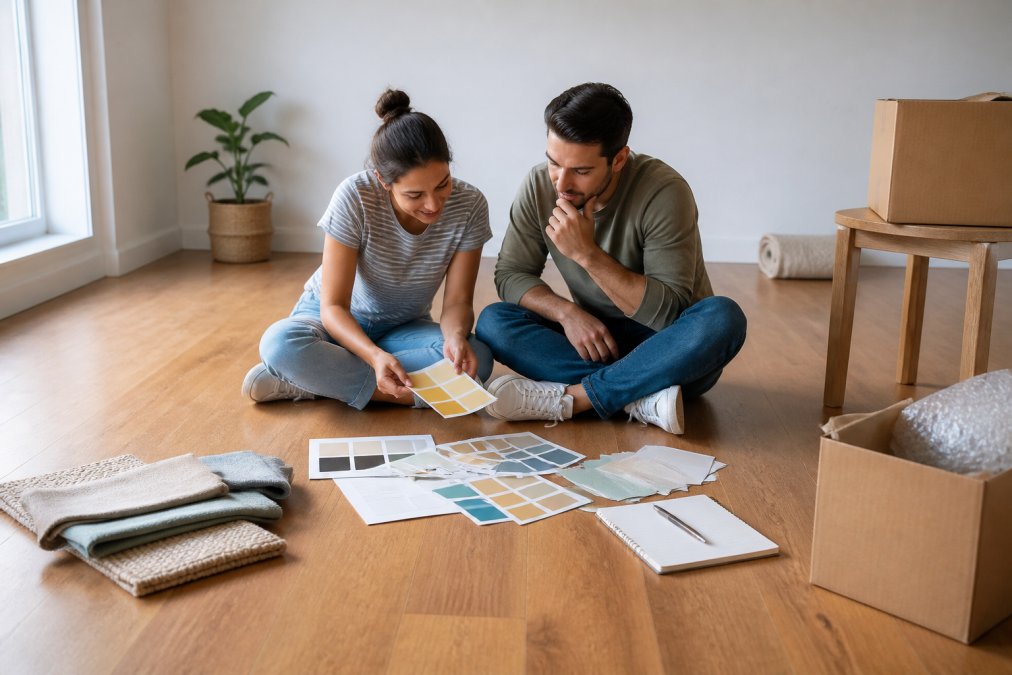 A young couple in their first living room, sitting on the floor with paint swatches, fabric samples, and a notebook, planning a budget-friendly decor refresh in a bright, unfurnished space