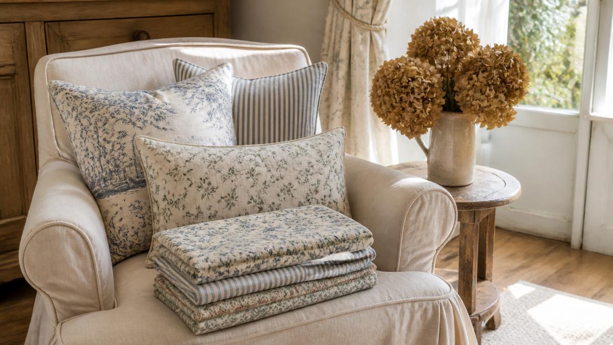 A softly lit cottage living room corner with a linen-covered armchair, a stack of folded floral and striped pillow covers on the seat, dried hydrangeas in a stoneware pitcher, late afternoon window light