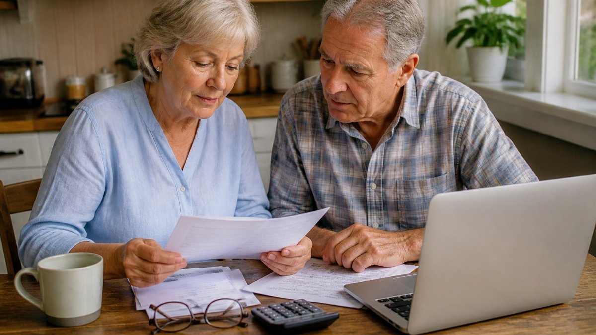 A senior couple sitting at a kitchen table reviewing insurance paperwork and a laptop together, with reading glasses and a calculator nearby in warm natural light