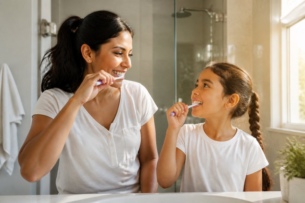 Parent and child brushing teeth together in a bright, modern bathroom with morning sunlight streaming through the window, both smiling and demonstrating proper oral hygiene habits