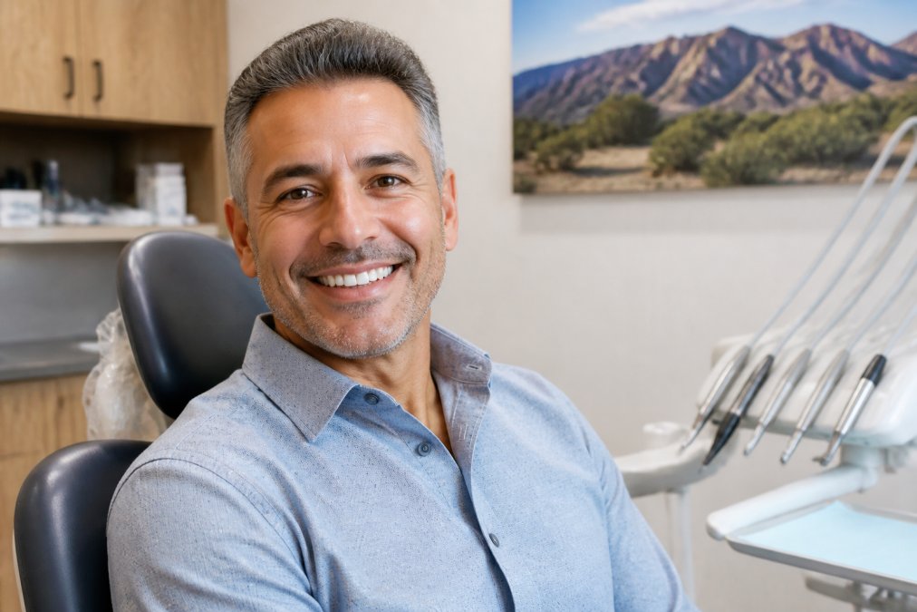 Confident adult patient smiling at camera in a modern dental office with soft overhead lighting, showing healthy restored teeth and a natural-looking smile