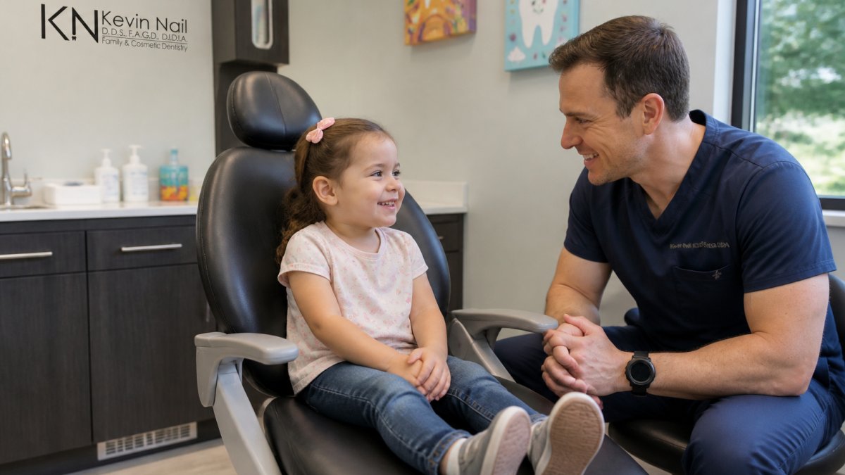 Smiling dentist helping a child feel comfortable during affordable dental care kids visit in a clinic