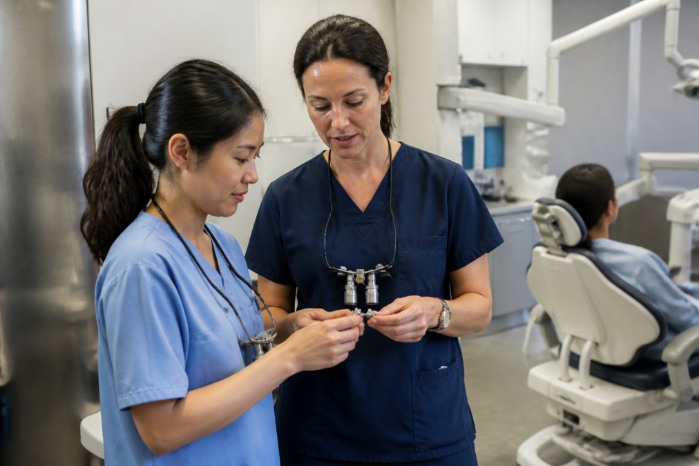 A dental student in scrubs consulting with a supervising dentist in a modern teaching clinic, with a patient in the chair in the background