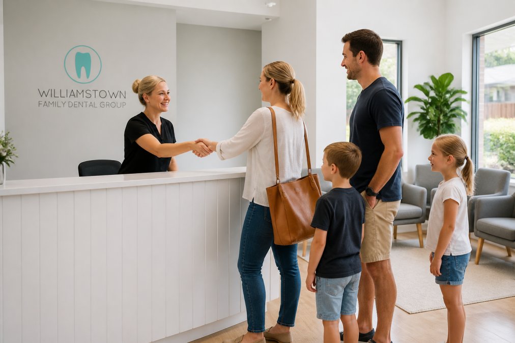 Friendly staff welcoming a family in a bright, modern reception area for affordable dental care Williamstown.