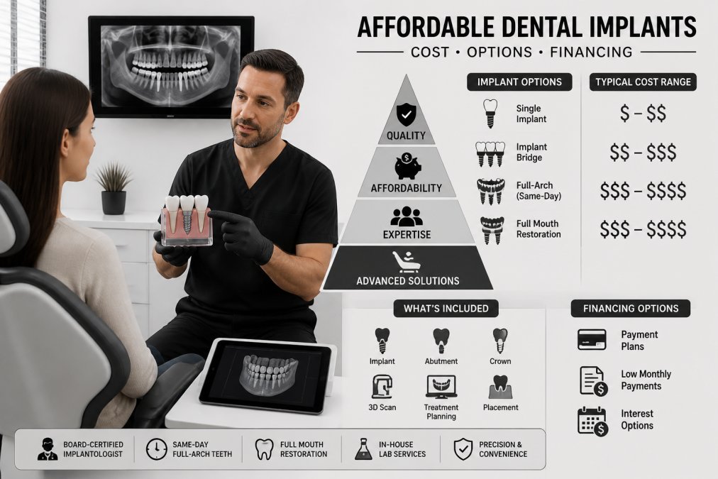 Dental professional showing patient a dental implant model during consultation in modern clinical setting with natural lighting