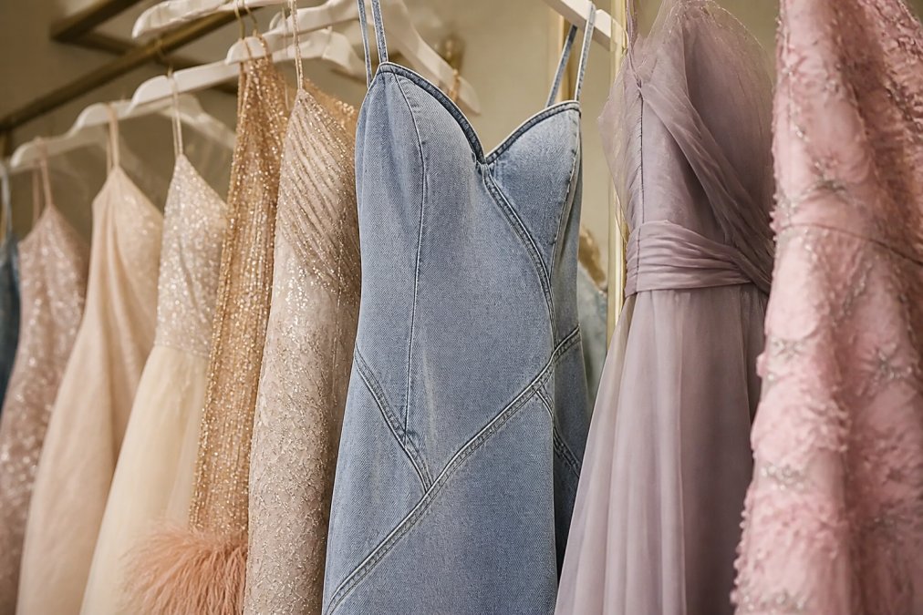 Close-up of luxurious designer dresses hanging on a boutique rack, showing intricate details of fabrics, embellishments, and varied colours for different occasions, with soft studio lighting