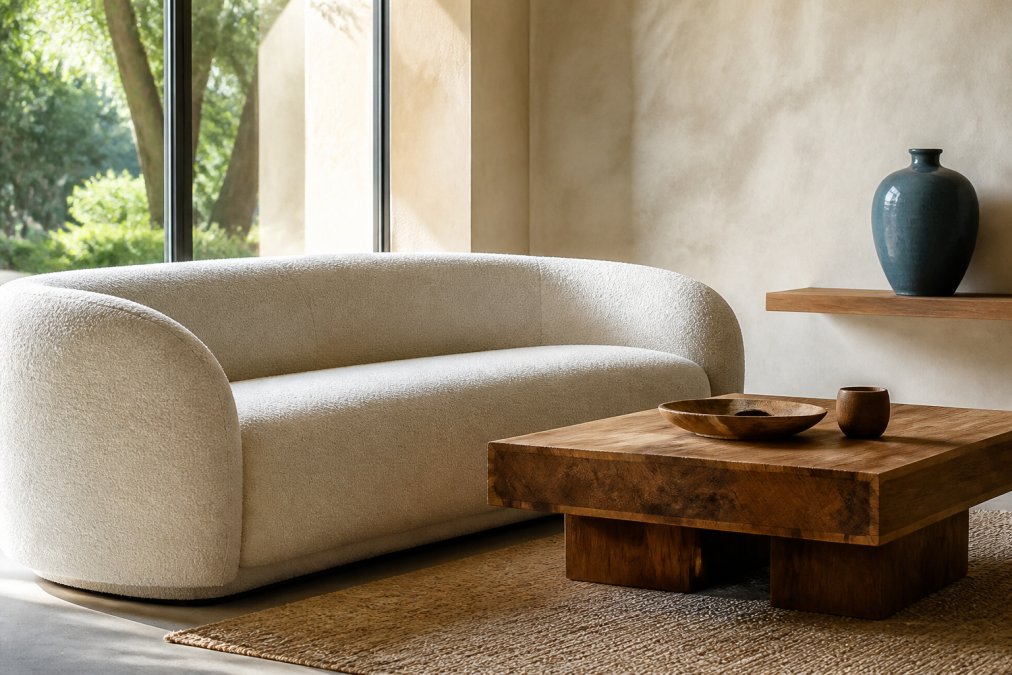 A bright modern living room styled with a sculptural upholstered sofa in warm ivory boucle, a solid wood accent table with visible grain detail, and a single bold ceramic vase on a minimal shelf, photographed in natural afternoon light through floor-to-ceiling windows