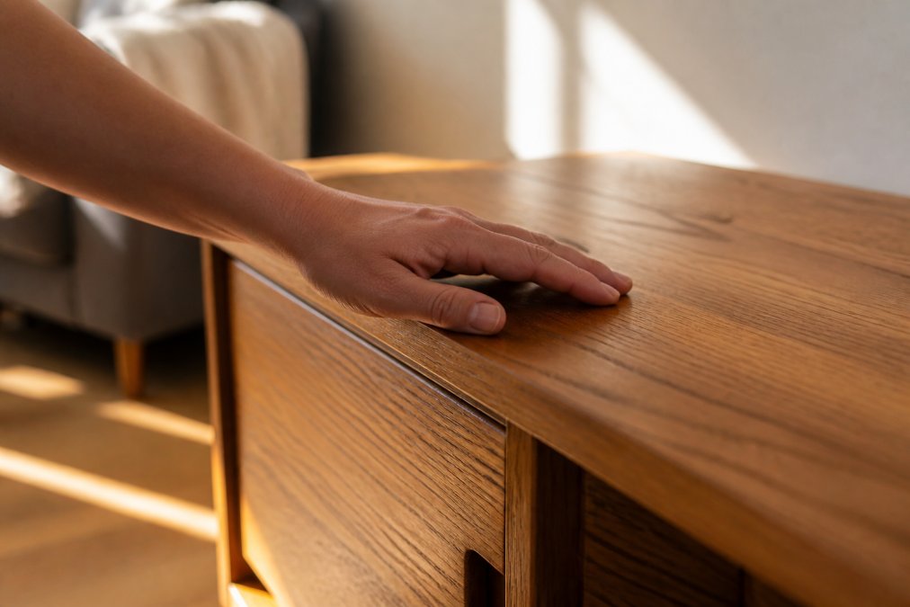 A person's hand running slowly across the surface of a solid oak furniture frame, fingers tracing the visible wood grain in warm afternoon light, the grain detail sharp and the finish visibly smooth and even
