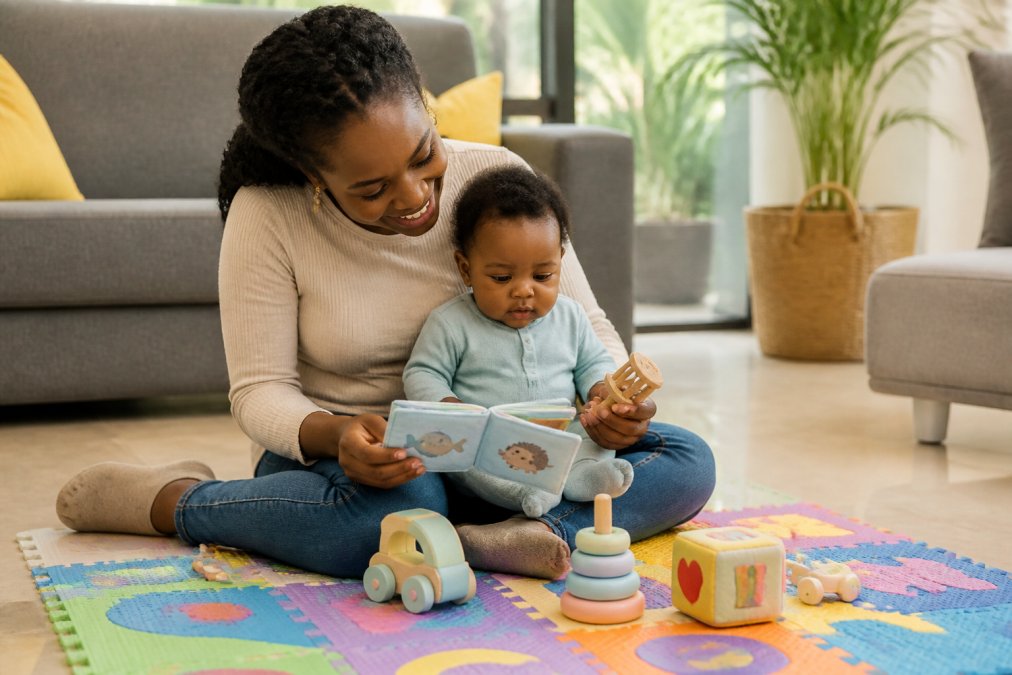 A Nigerian mother sitting on a colourful play mat with her baby, showing the infant a soft fabric book and a wooden rattle, natural light filling a bright living room