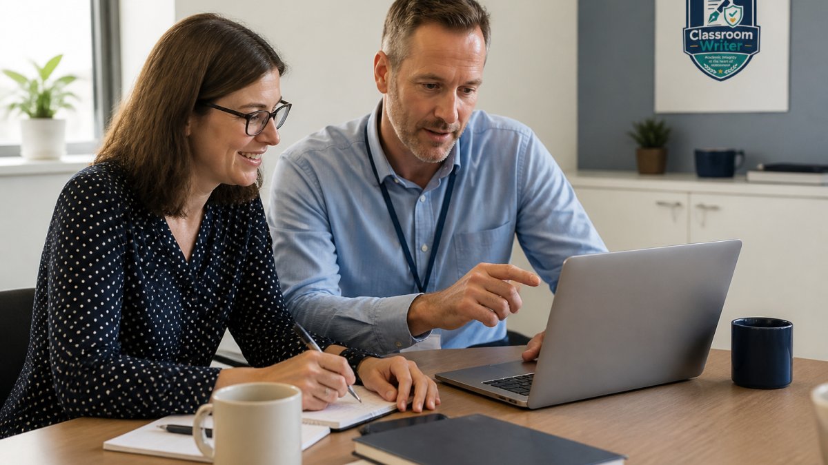 College administrator and faculty member reviewing digital assessment software on a laptop in a bright office