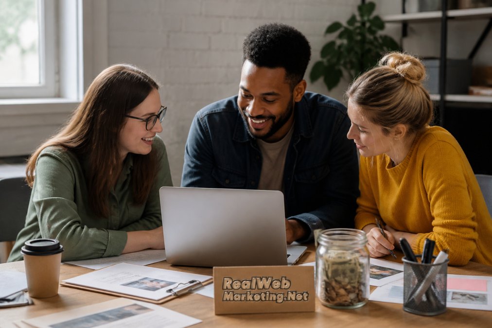 A small nonprofit team of three people gathered around a laptop in a community office, reviewing social media engagement metrics and planning a donation campaign post