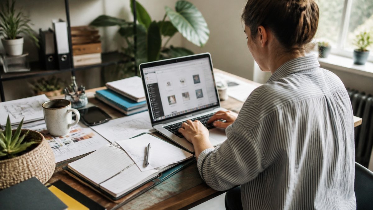 A small business owner working on a laptop at a cluttered desk, with design templates and email drafts visible on screen, coffee cup nearby, natural light from a window