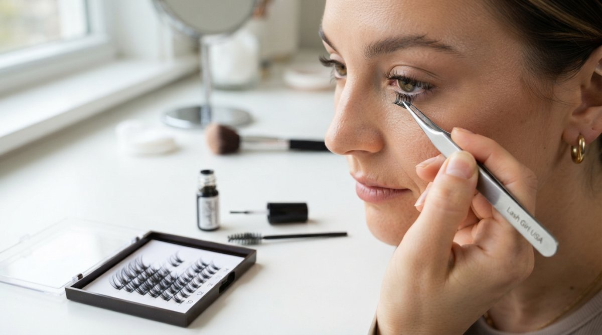 Close-up of hands using precision tweezers to apply a lash cluster to the upper lash line, with a lash tray of multiple cluster styles and a bottle of adhesive visible on a clean white work surface in natural lighting