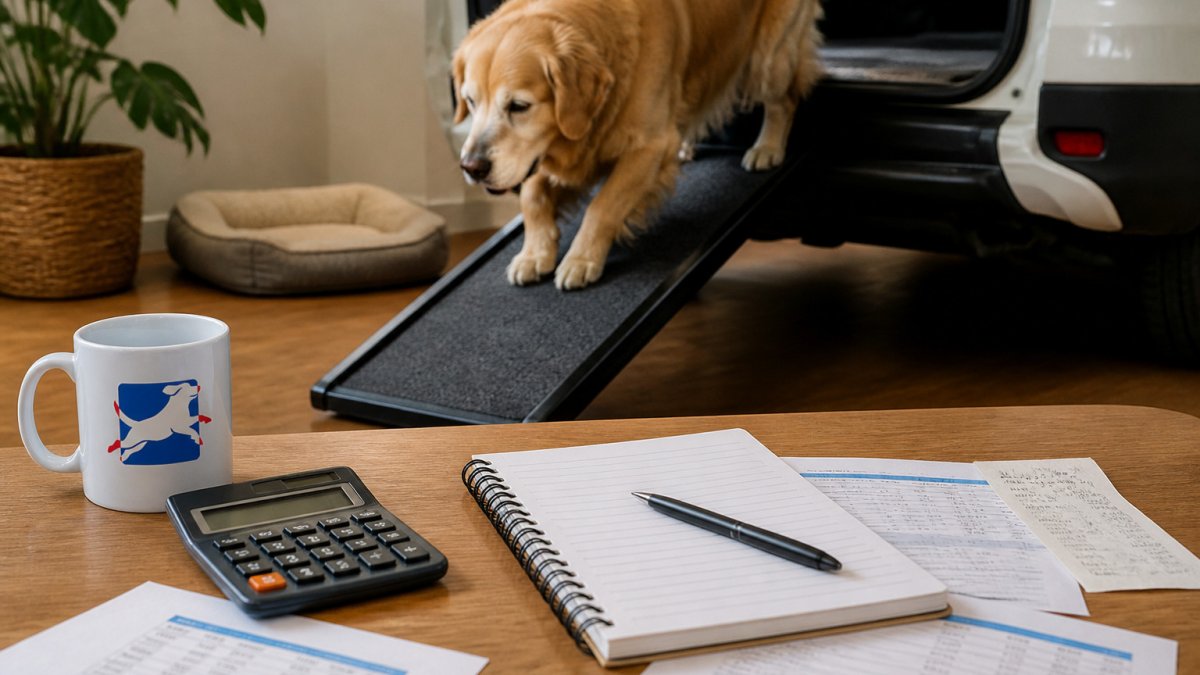 Senior dog walking up a carpeted ramp into a car using affordable dog health supplies for seniors