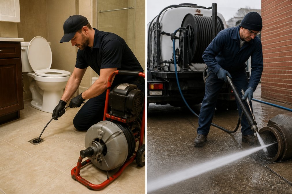 A certified plumber in protective gear and a uniform operating a drain snaking machine on a residential bathroom floor, with a professional cable auger unit visible beside the toilet, under bright bathroom lighting