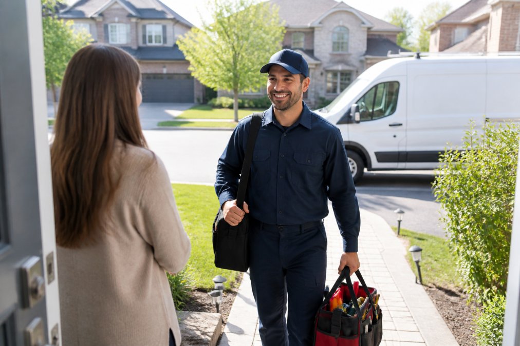 A uniformed UMark Plumbing technician arriving at a suburban Vaughan home, stepping out of a service van parked in the driveway, being greeted by a homeowner at the front door on a clear day with a residential street visible in the background