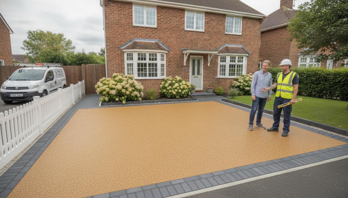 A freshly installed block paving driveway showing professional workmanship with clean joints and uniform pattern, residential home with manicured landscaping in background
